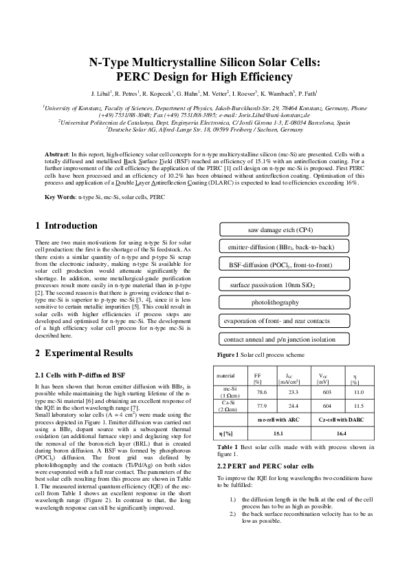 (PDF) N-type multicrystalline silicon solar cells : PERC design for ...