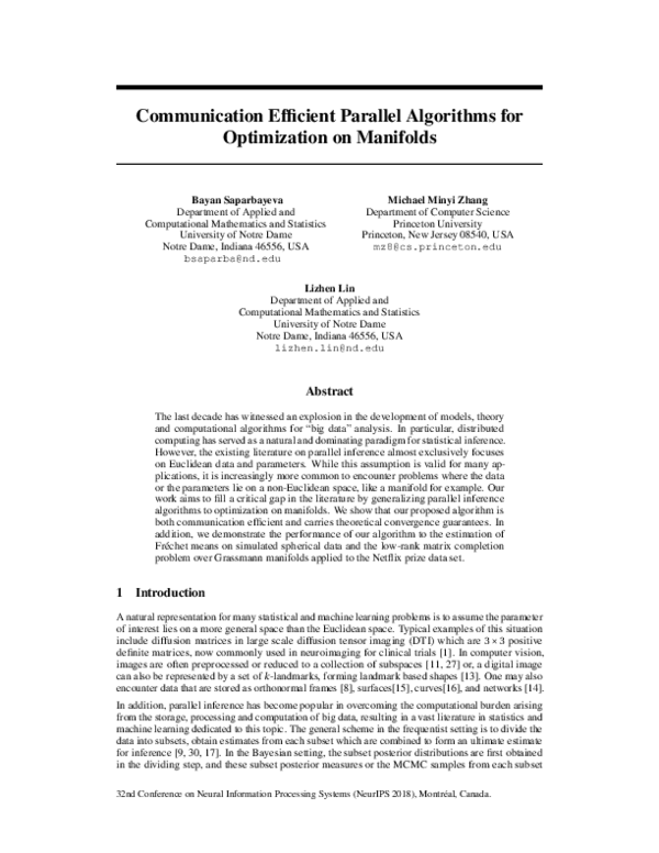 (PDF) Efficient Parallel Algorithms for Optimization on Manifolds