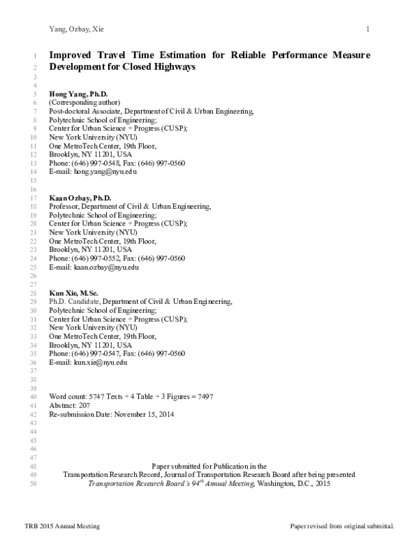 (PDF) Improved Travel Time Estimation for Reliable Performance Measure ...