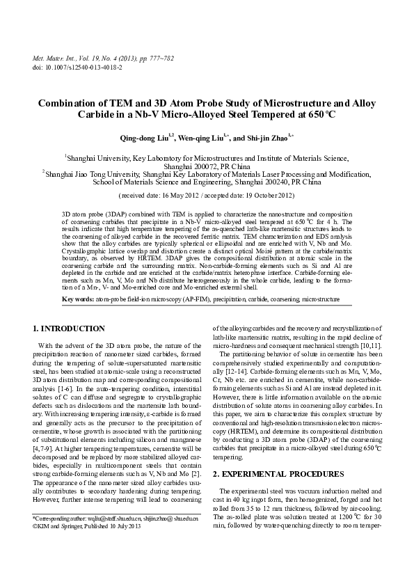 (PDF) Combination of TEM and 3D atom probe study of microstructure and ...