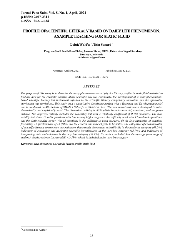 (PDF) Profile of Scientific Literacy Based on Daily Life Phenomenon: A ...