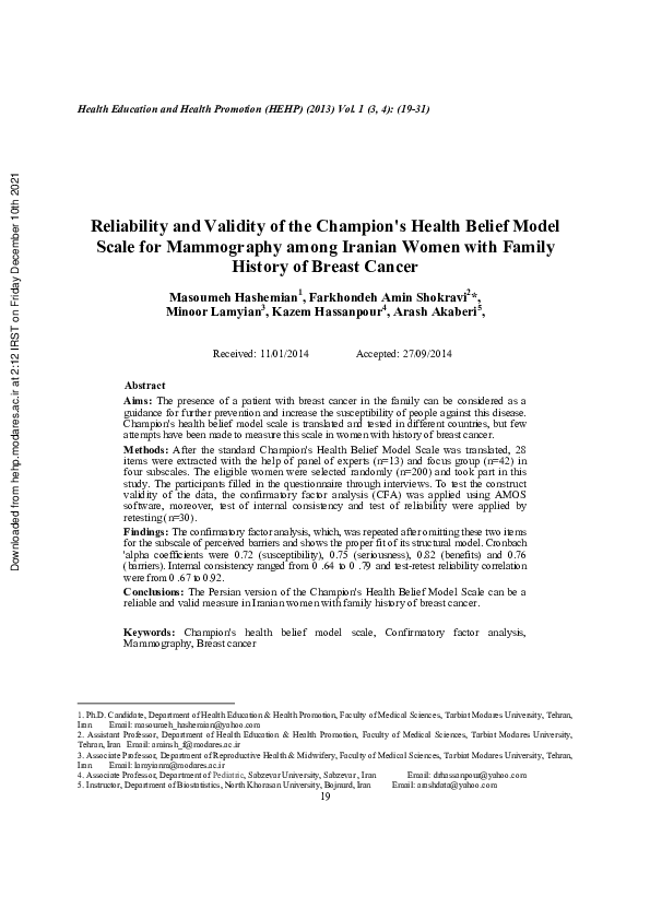 (PDF) Reliability and Validity of the Champion's Health Belief Model ...