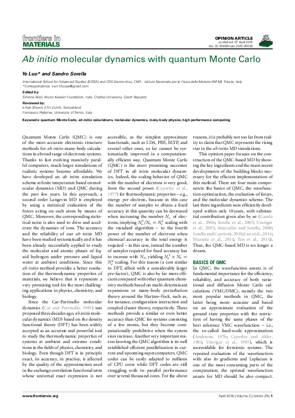 (PDF) Ab Initio Molecular Dynamics with Quantum Monte Carlo