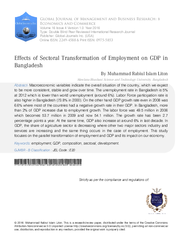 (PDF) Effects of Sectoral Transformation of Employment on GDP in Bangladesh