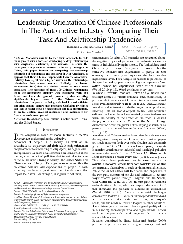 (PDF) Leadership Orientation Of Chinese Professionals In The Automotive ...