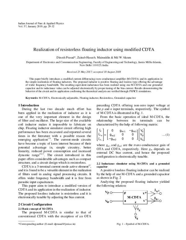 (PDF) Realization of resistorless floating inductor using modified CDTA