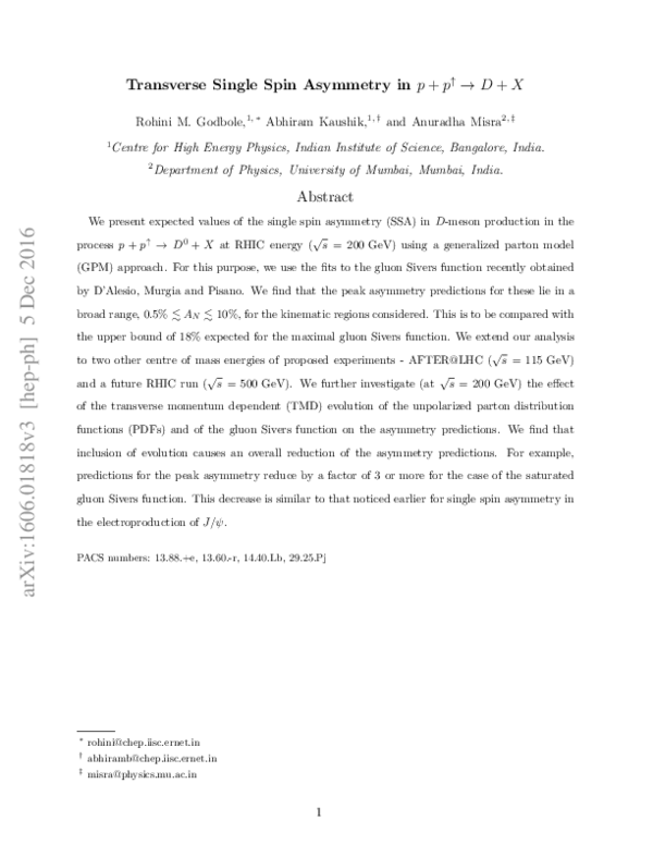 (PDF) Transverse single spin asymmetry inp+p↑→D+X