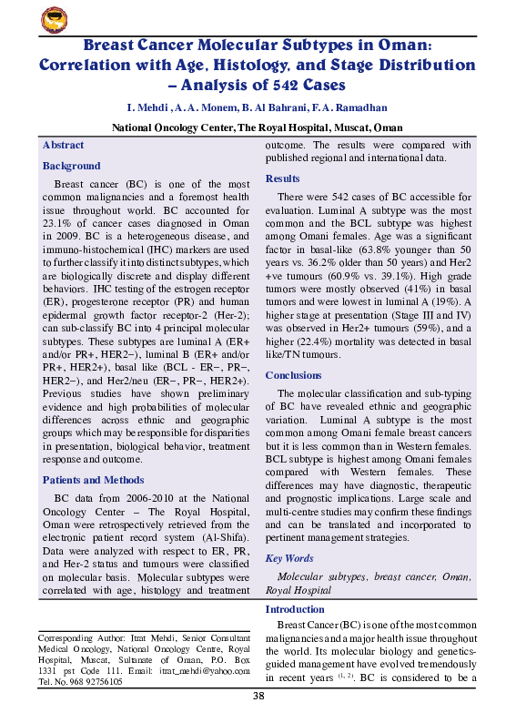 (PDF) Breast cancer molecular subtypes in oman: correlation with age ...
