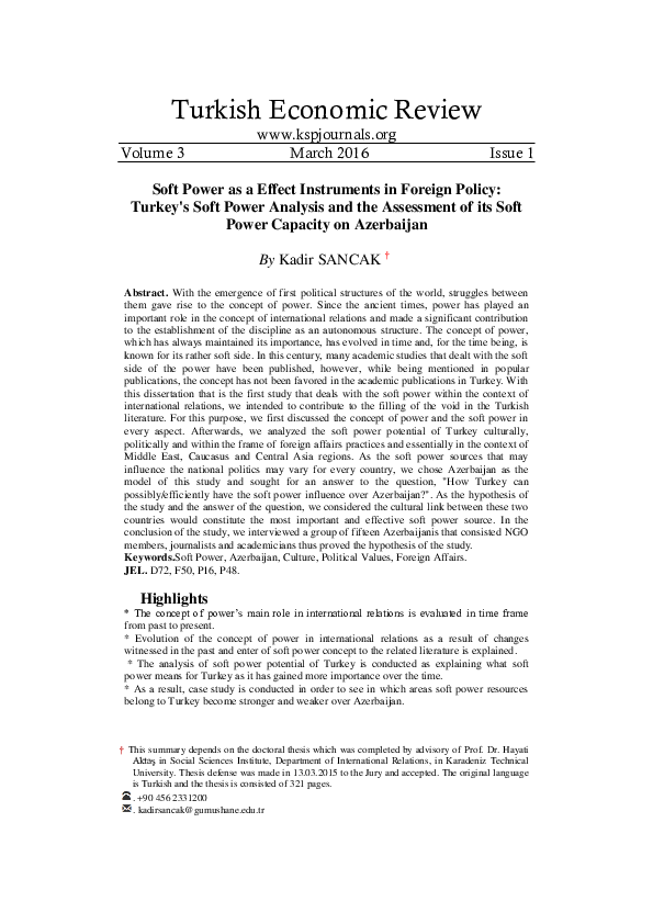 (PDF) Soft Power as a Effect Instruments in Foreign Policy: Turkey's ...