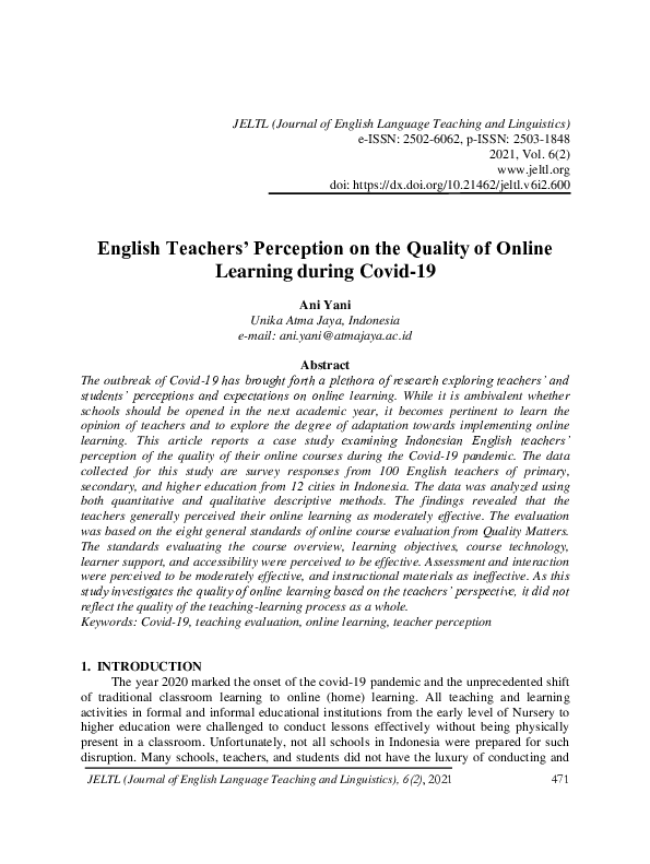 (PDF) English Teachers’ Perception on the Quality of Online Learning ...