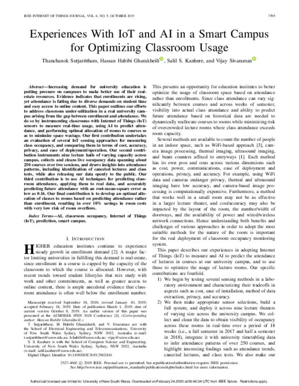(PDF) Experiences with IoT and AI in a Smart Campus for Optimizing ...