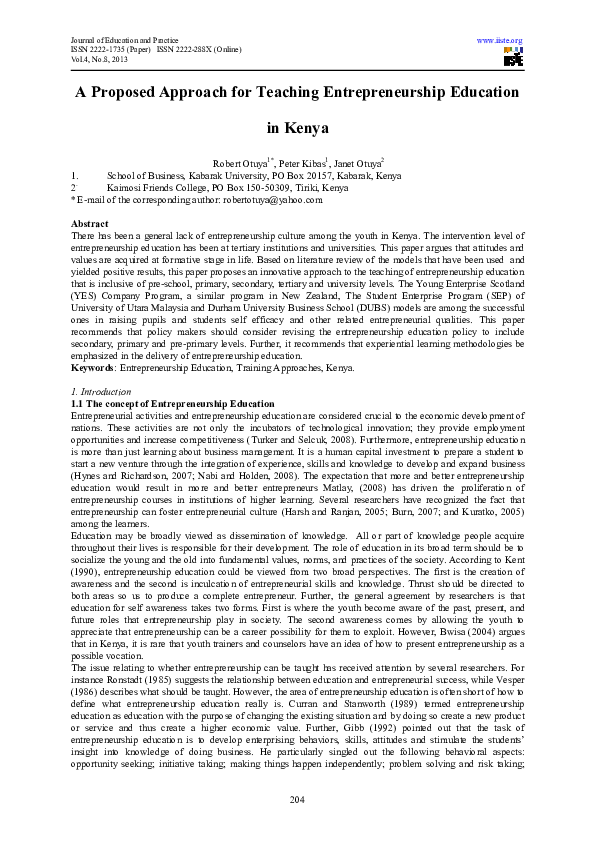 (PDF) A Proposed Approach for Teaching Entrepreneurship Education in Kenya
