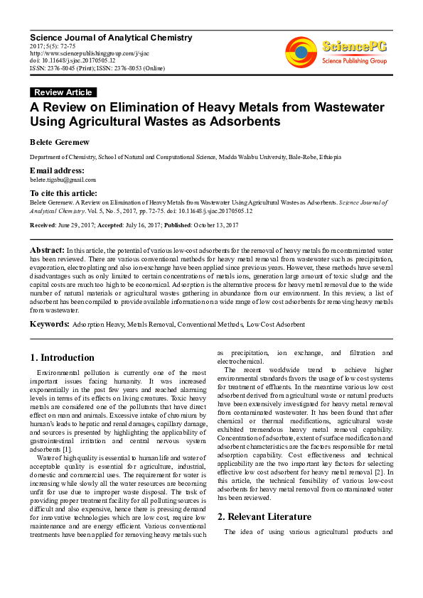 (PDF) A Review on Elimination of Heavy Metals from Wastewater Using ...