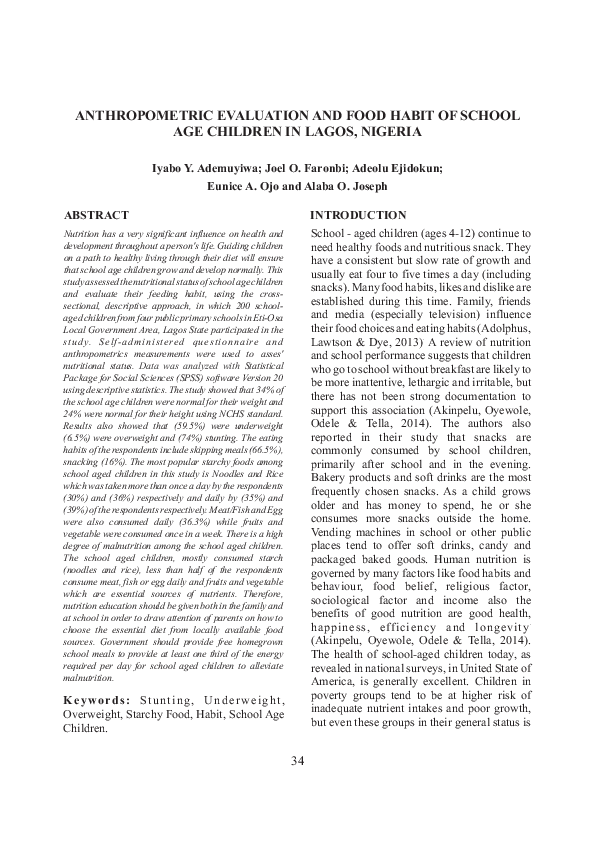(PDF) Anthropometric Evaluation and Food Habit of School Age Children ...
