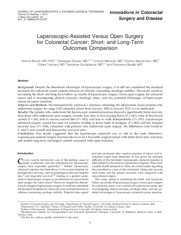(PDF) Laparoscopic-Assisted Versus Open Surgery for Colorectal Cancer ...