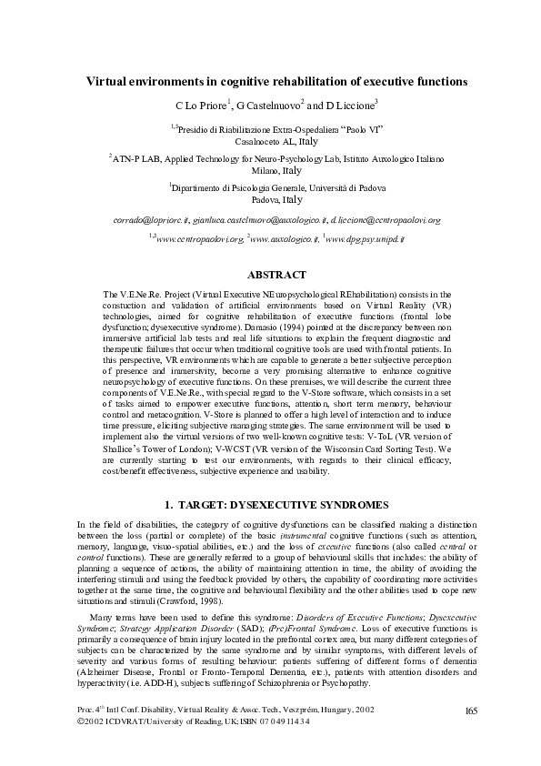 (PDF) Virtual environments in cognitive rehabilitation of executive ...