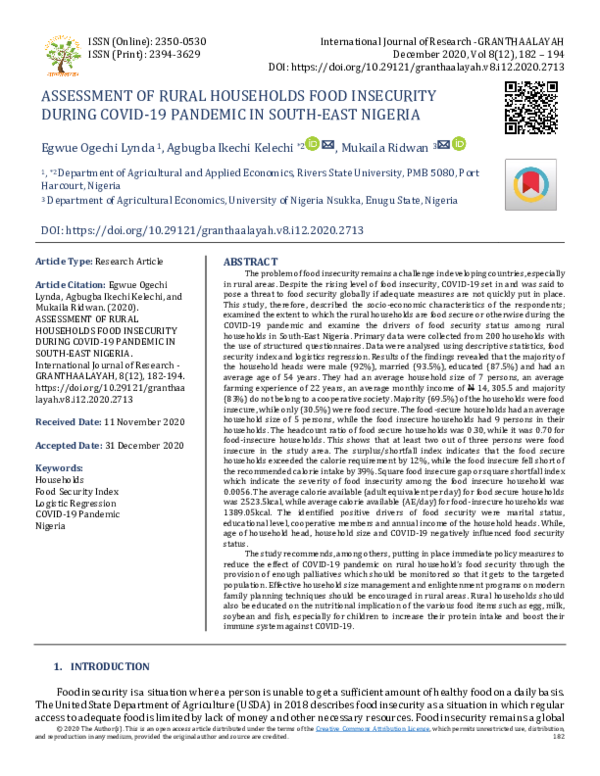 (PDF) Assessment of Rural Households Food Insecurity During COVID-19 ...
