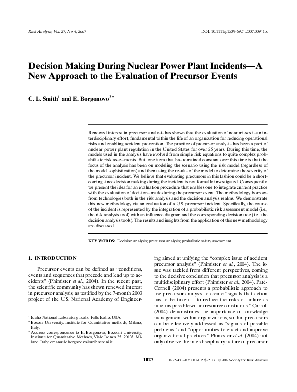 (PDF) Decision Making During Nuclear Power Plant Incidents—A New ...