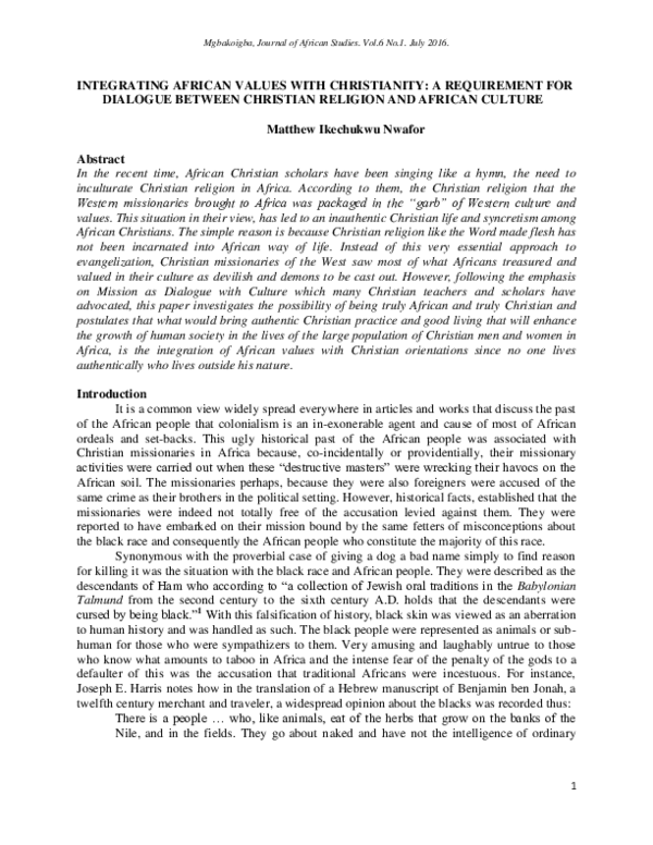 (PDF) Integrating African values with Christianity A requirement for