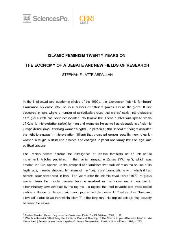 (PDF) Islamic Feminism Twenty Years On: The Economy Of A Debate And New ...