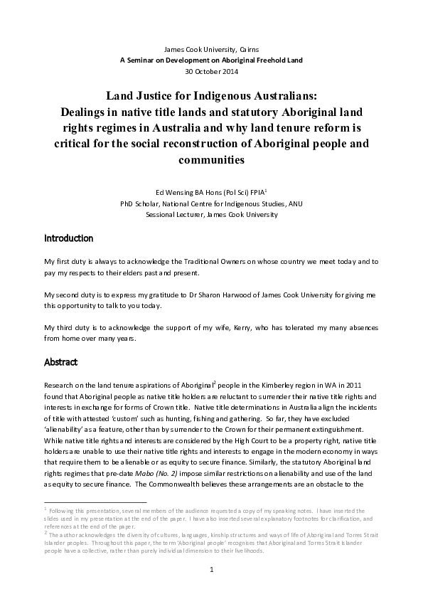 (PDF) Land Justice for Indigenous Australians: Dealings in native title ...