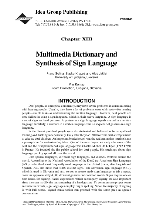 (PDF) Multimedia dictionary and synthesis of sign language