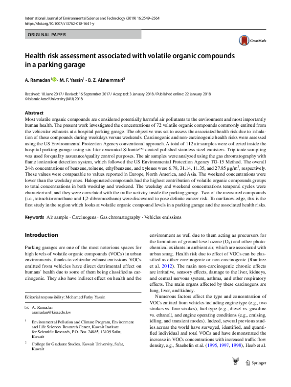 (PDF) Health risk assessment associated with volatile organic compounds ...