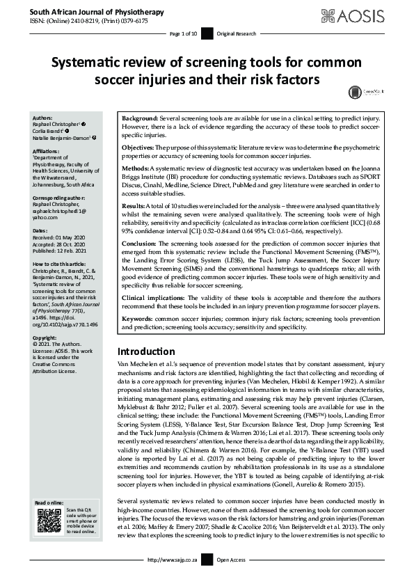 (PDF) Systematic review of screening tools for common soccer injuries ...