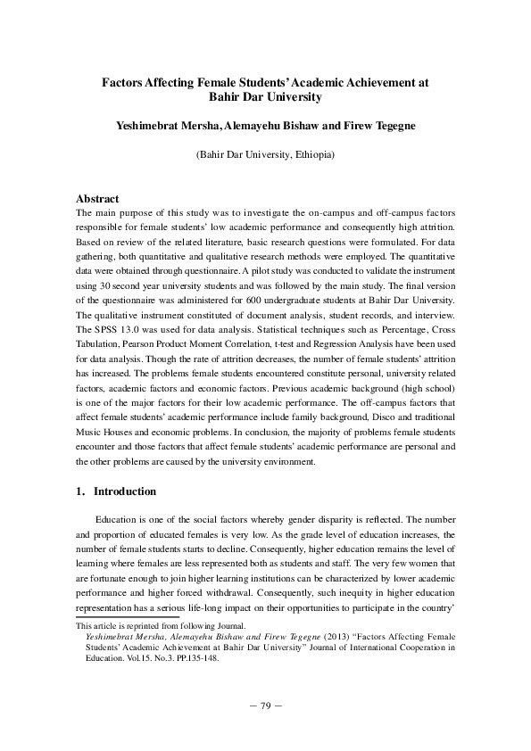 (PDF) Factors affecting female students’ academic achievement at Bahir ...