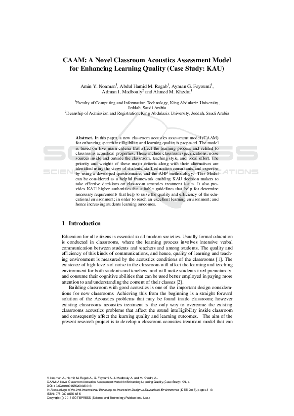 (PDF) CAAM: A Novel Classroom Acoustics Assessment Model for Enhancing ...