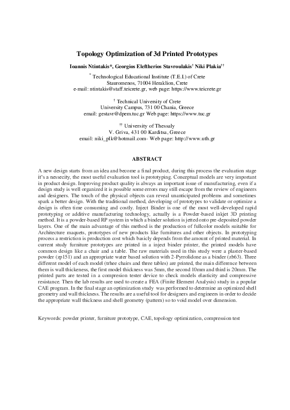 (PDF) Topology Optimization of 3 d Printed Prototypes