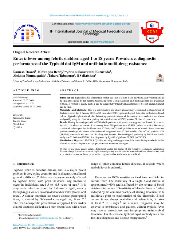(PDF) Enteric fever among febrile children aged 1 to 18 years