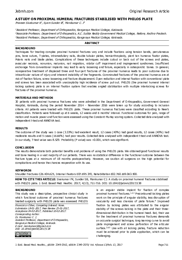 (PDF) A Study on Proximal Humeral Fractures Stabilised with Philos Plate