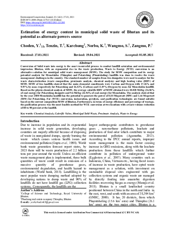 (PDF) Estimation of energy content in municipal solid waste of Bhutan ...