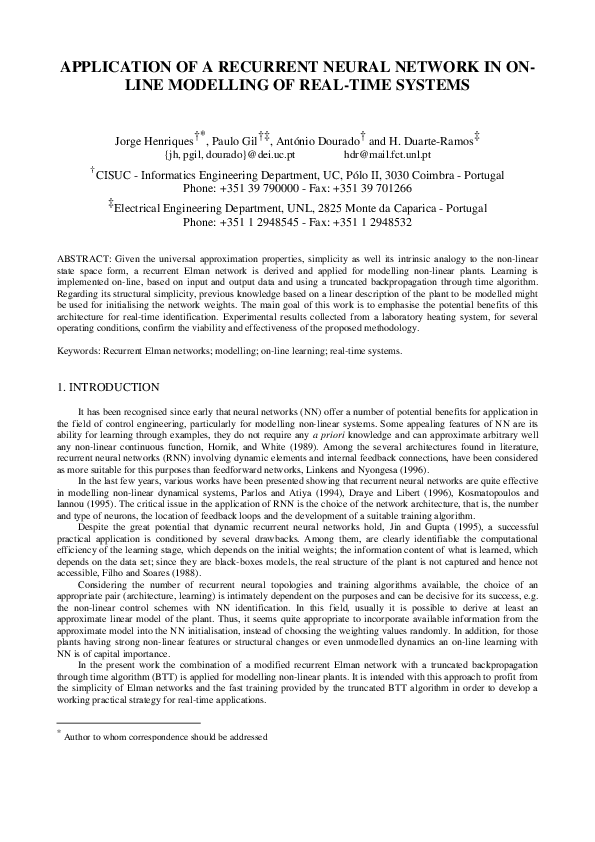 (PDF) Application of a Recurrent Neural Network in On-Line Modelling of ...