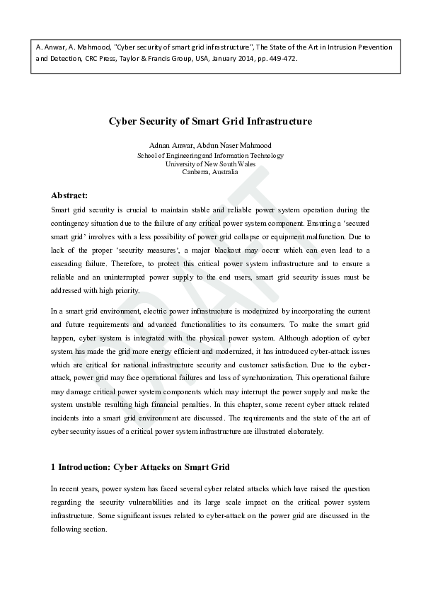 (PDF) Cyber Security of Smart Grid Infrastructure