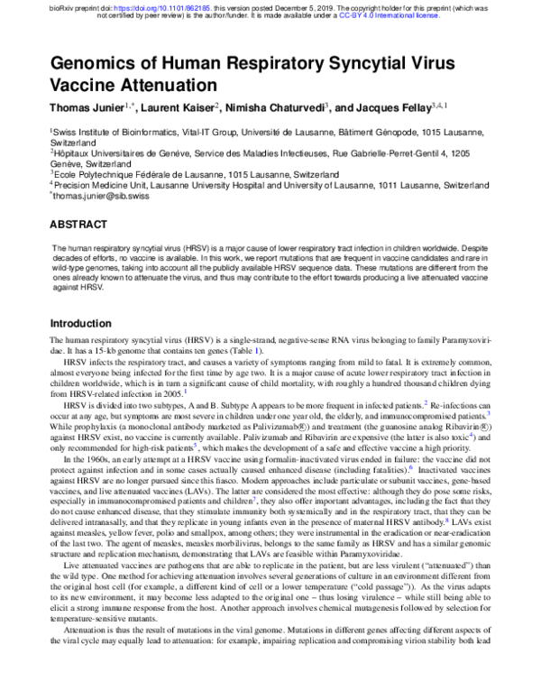 (PDF) Genomics of Human Respiratory Syncytial Virus Vaccine Attenuation