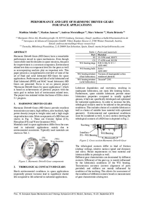 (PDF) Performance and Life of Harmonic Drive® Gears for Space Applications