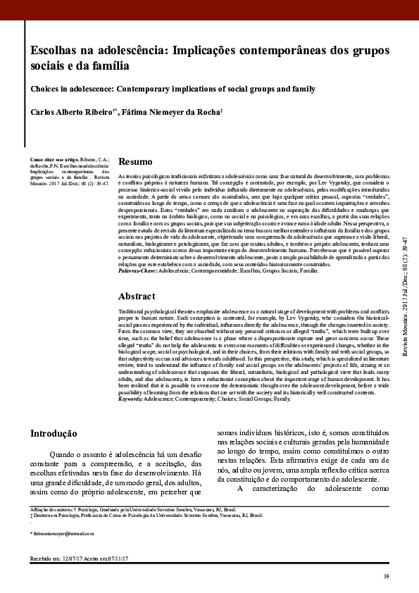 (PDF) Escolhas na adolescência: implicações contemporâneas dos grupos ...