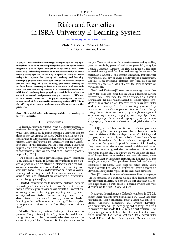 (PDF) Risks and Remedies in ISRA University e-Learning System