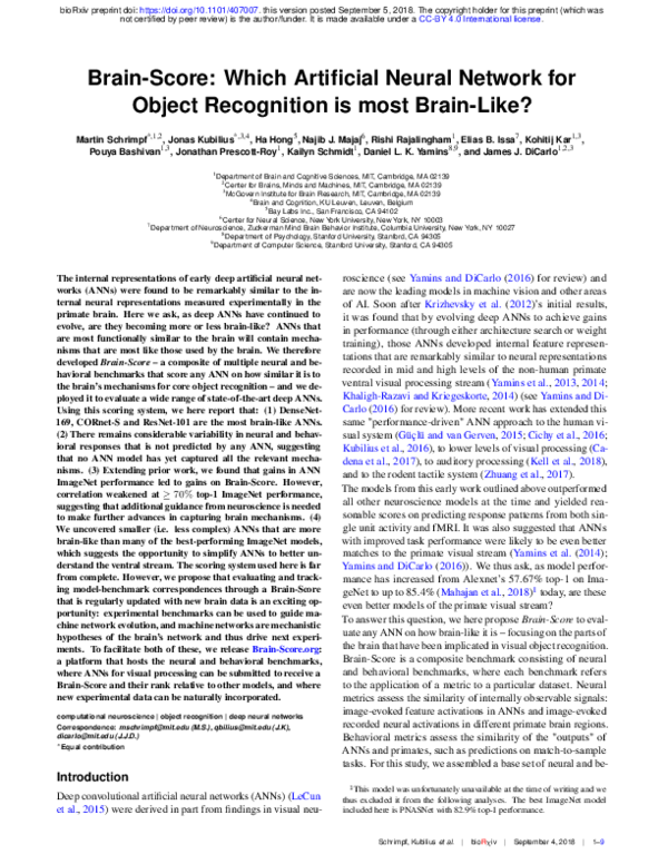 (PDF) Brain-Score: Which Artificial Neural Network for Object ...