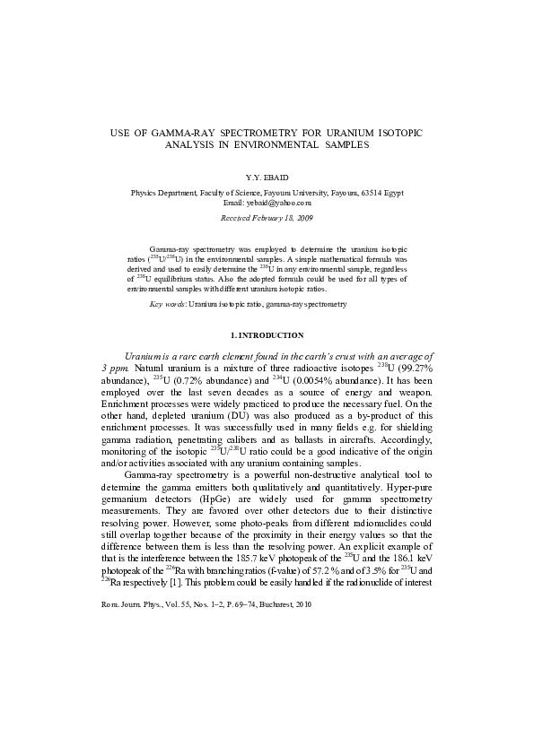 (PDF) Use of GammaRay Spectrometry for Uranium Isotopic Analysis in