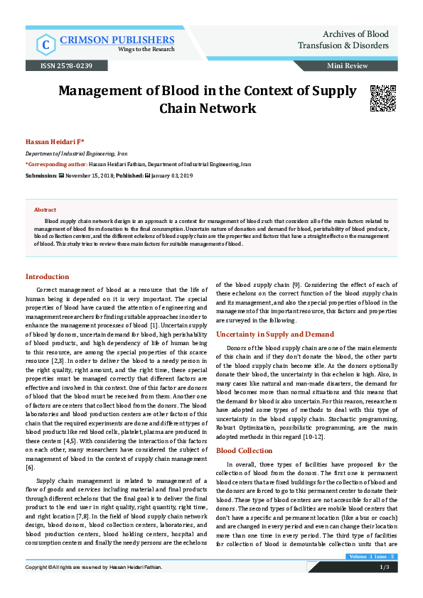 (PDF) Management of Blood in the Context of Supply Chain Network