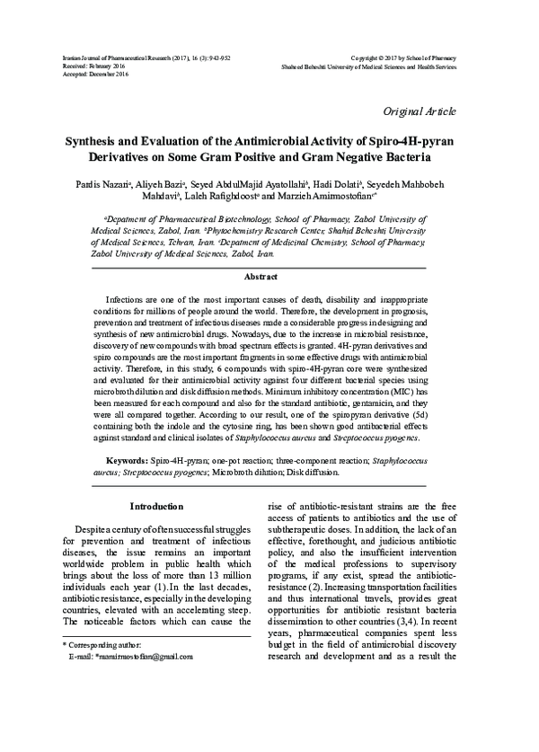 (PDF) Synthesis and Evaluation of the Antimicrobial Activity of Spiro ...