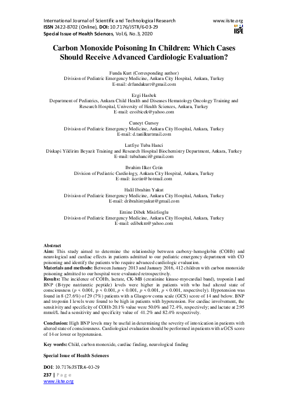 (PDF) Carbon Monoxide Poisoning In Children: Which Cases Should Receive ...