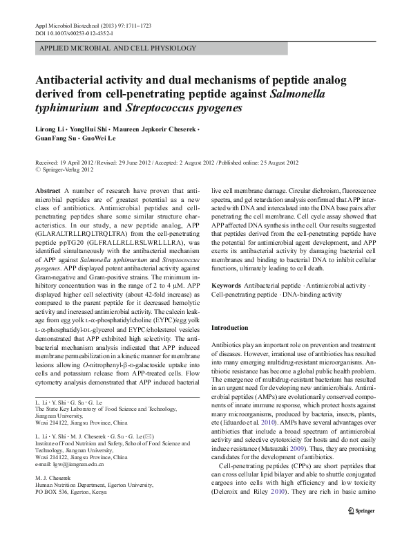(PDF) Antibacterial activity and dual mechanisms of peptide analog ...
