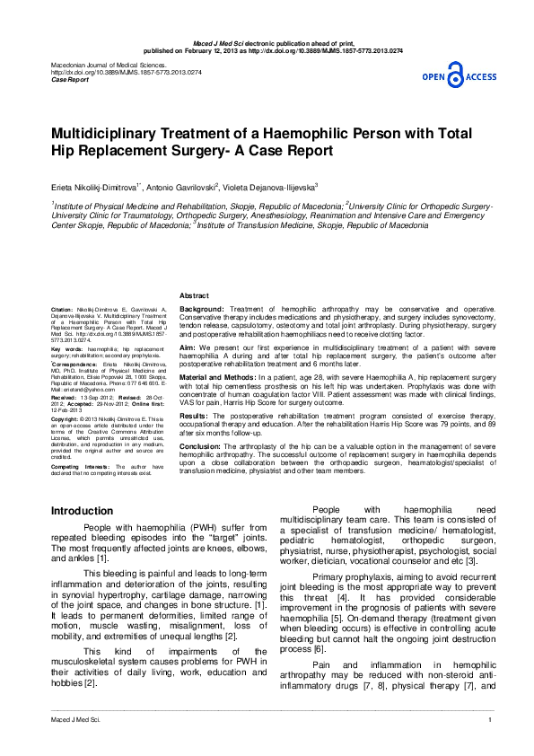 (PDF) Multidiciplinary Treatment of a Haemophilic Person with Total Hip ...