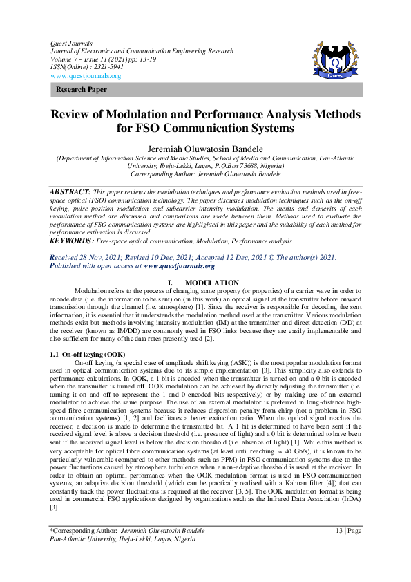 (PDF) Review of Modulation and Performance Analysis Methods for FSO ...