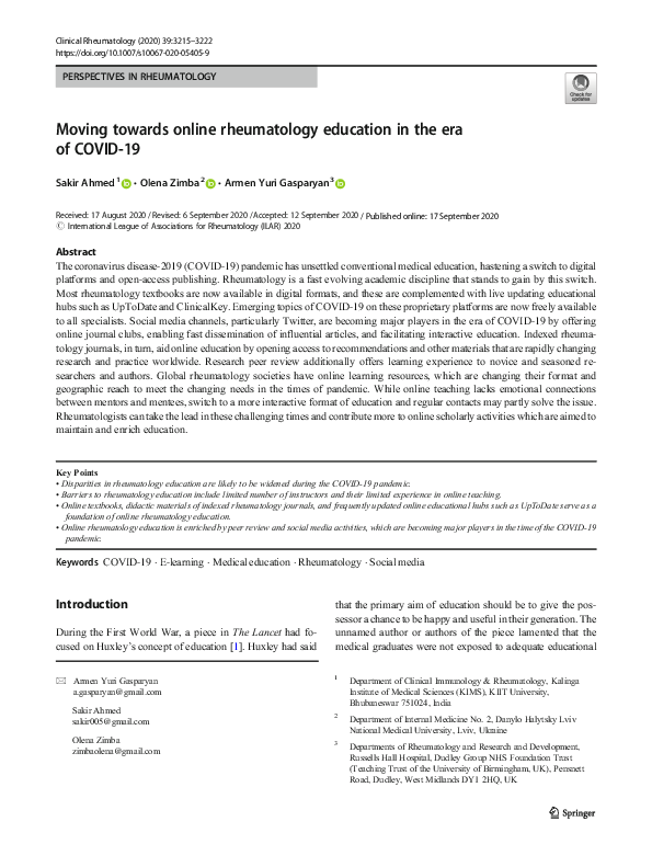 (PDF) Moving towards online rheumatology education in the era of COVID-19