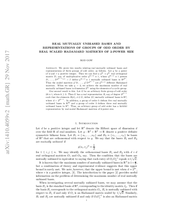(PDF) Real mutually unbiased bases and representations of groups of odd ...